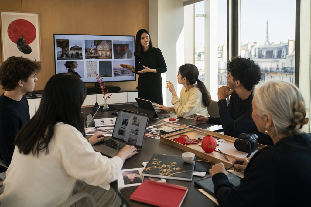 A facilitator leading a practical AI workshop with participants using laptops and tablets in a modern Paris workspace