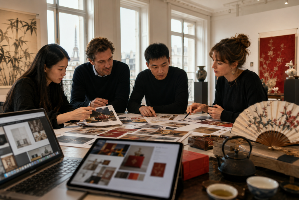 A Paris-based cross-cultural team preparing AI-assisted communication materials for a France-China cultural event.
